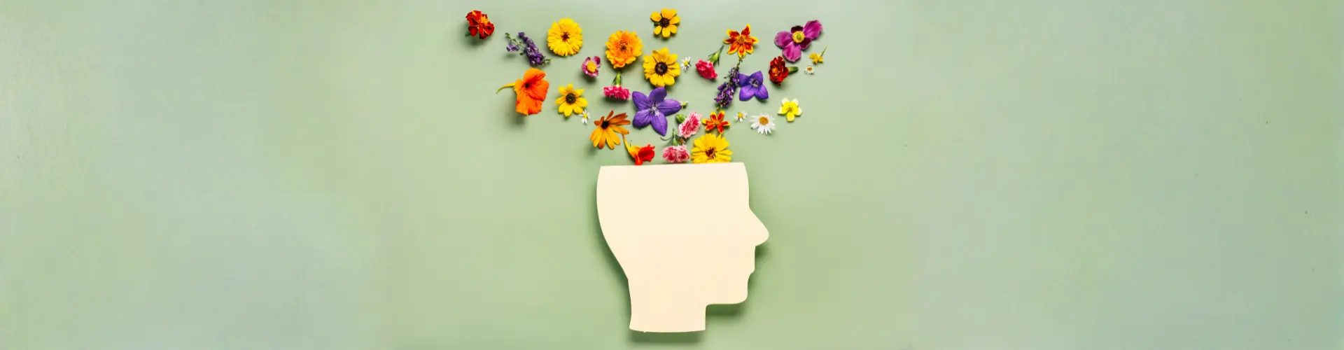 Das Bild zeigt einen Kopf, aus dem bunte Blumen sprießen – es steht für kreative, positive Gedanken.