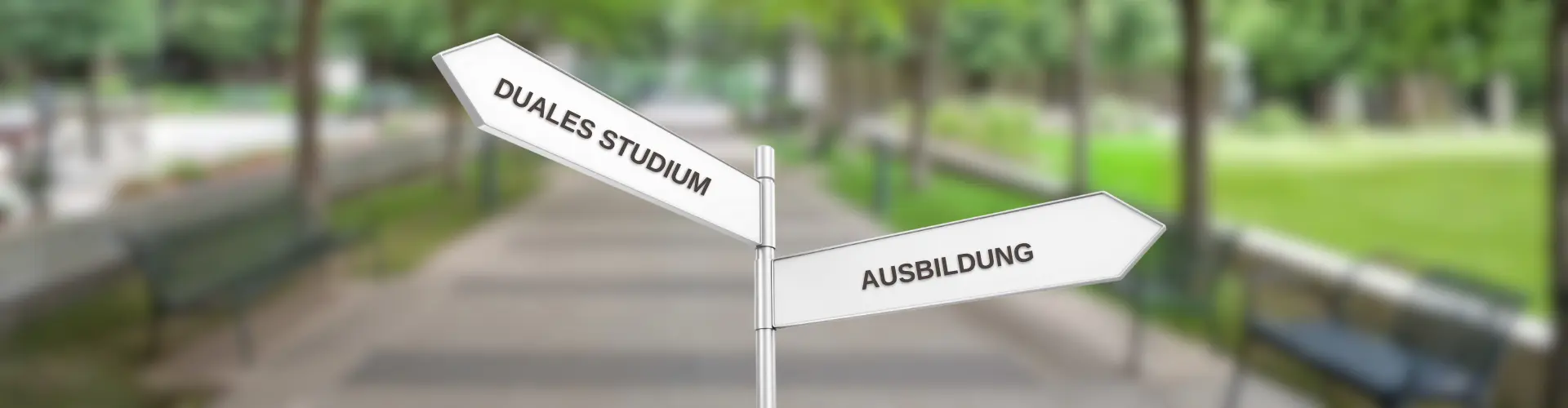 Das Bild zeigt Wegweiser mit den Aufschriften „Duales Studium“ und „Ausbildung“